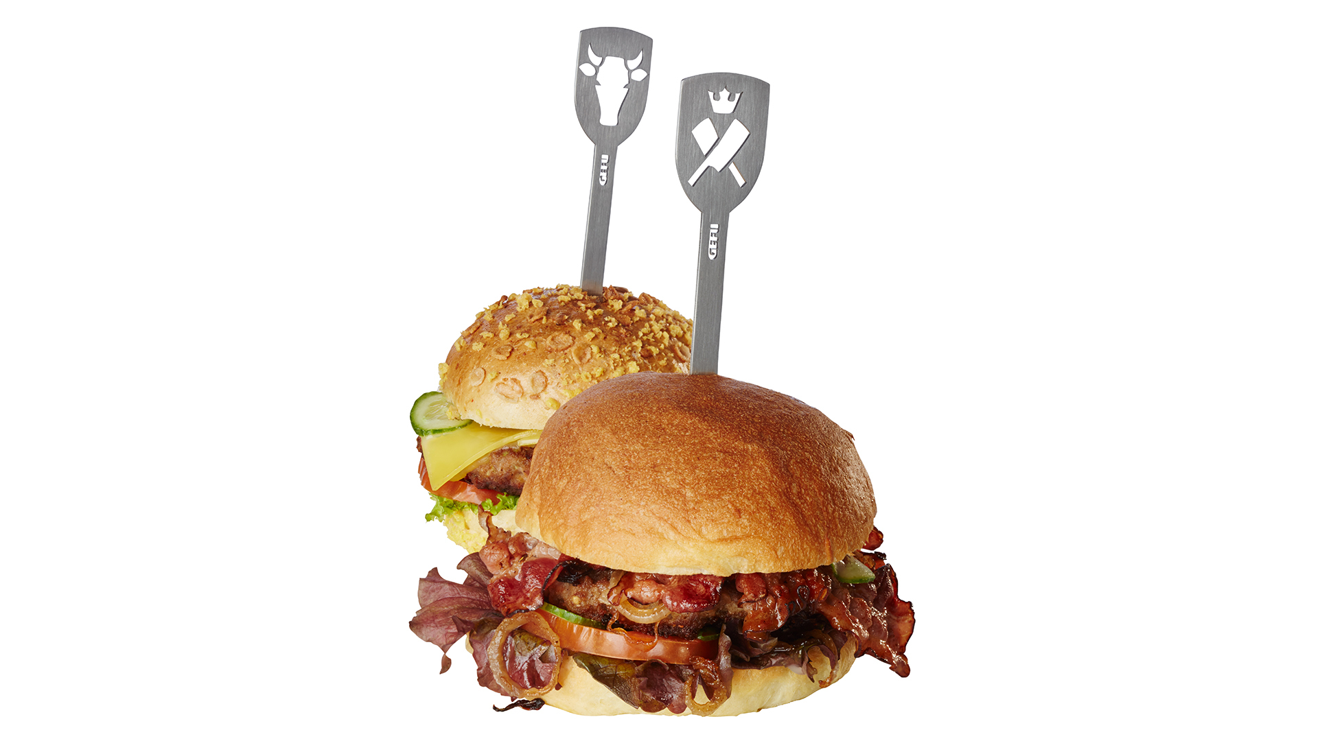 Набор шпажек для гамбургеров Gefu Торро Бык и Топоры, 2 шт, сталь нержавеющая