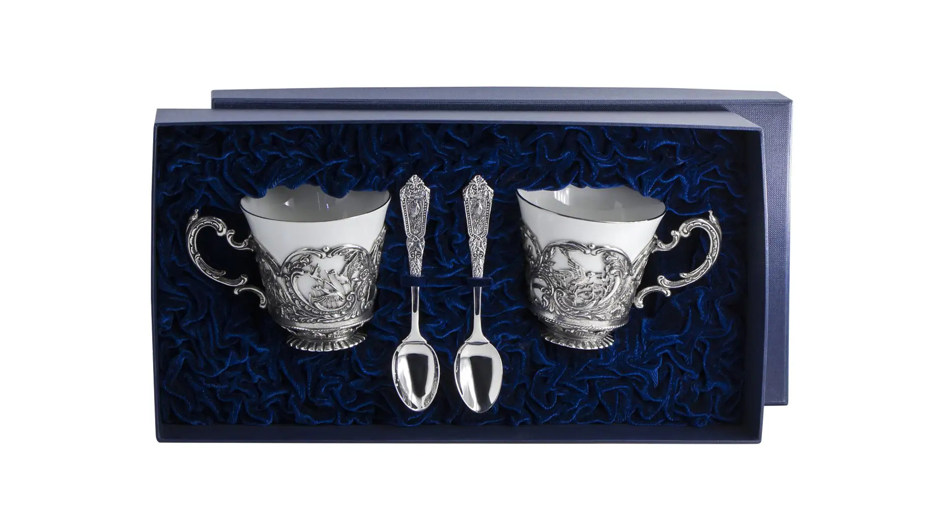 Набор чайный в футляре АргентА Королевская охота 348,69 г, 4 предметов, серебро 925