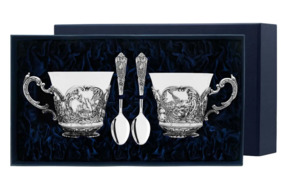 Набор чайный в футляре АргентА Королевская охота 353,06 г, 4 предметов, серебро 925