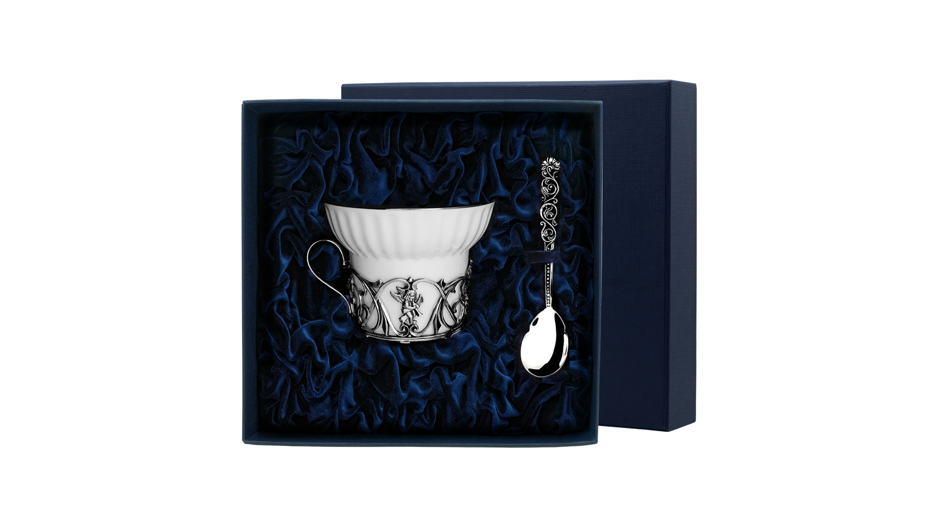 Чашка чайная с ложкой в футляре АргентА Серебро и Фарфор Ангел 67,02 г, серебро 925