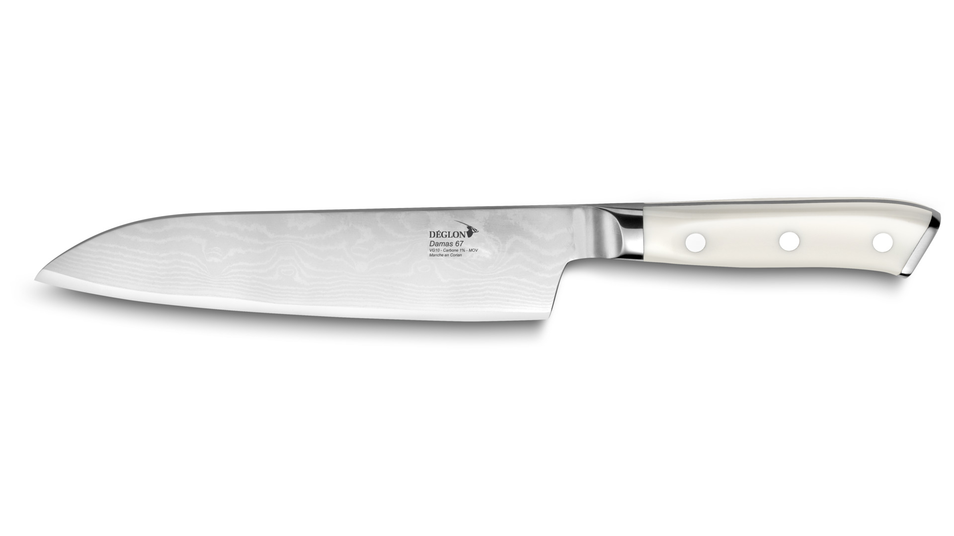 Нож японский Шеф Сантоку Deglon Дамаск 67 кованый 18 см, ручка белый пластик (кориан)
