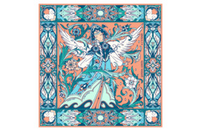Платок сувенирный Русские в моде Царевна-лебедь 90х90 см, шелк, вискоза, ручная подшивка