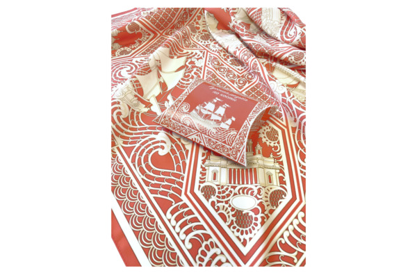Платок сувенирный Русские в моде Резьба по кости 90х90 см, шелк, вискоза, машинная подшивка