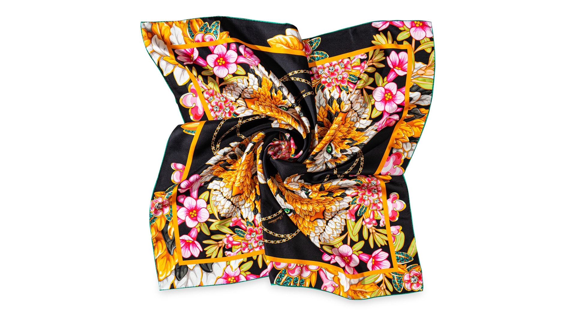Платок сувенирный Русские в моде Драгоценные тигры 90х90 см, шелк, черный, ручная подшивка