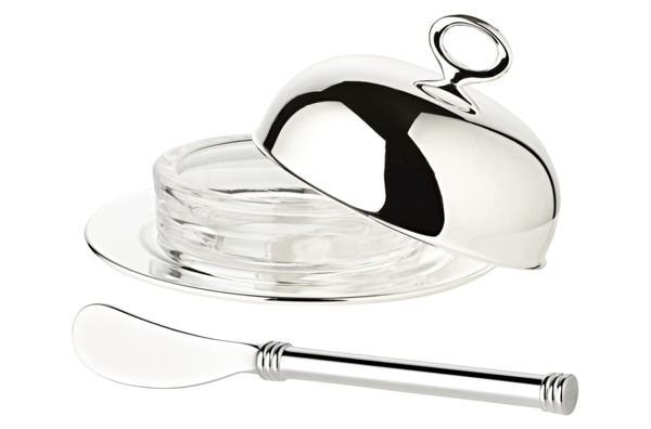 Масленка с ножом и крышкой Edzard Яго на 130 г масла, Д13,5 см, Н6,5 см, посеребрение, стекло