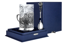 Набор чайный в футляре АргентА Classic Глухариная охота 244,26 г, 3 предмета, серебро 925